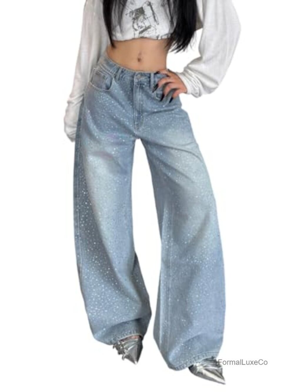 Womens Baggy Rhinestone Wide Leg Sparkly Glitter Casual Denim Pants Jeans